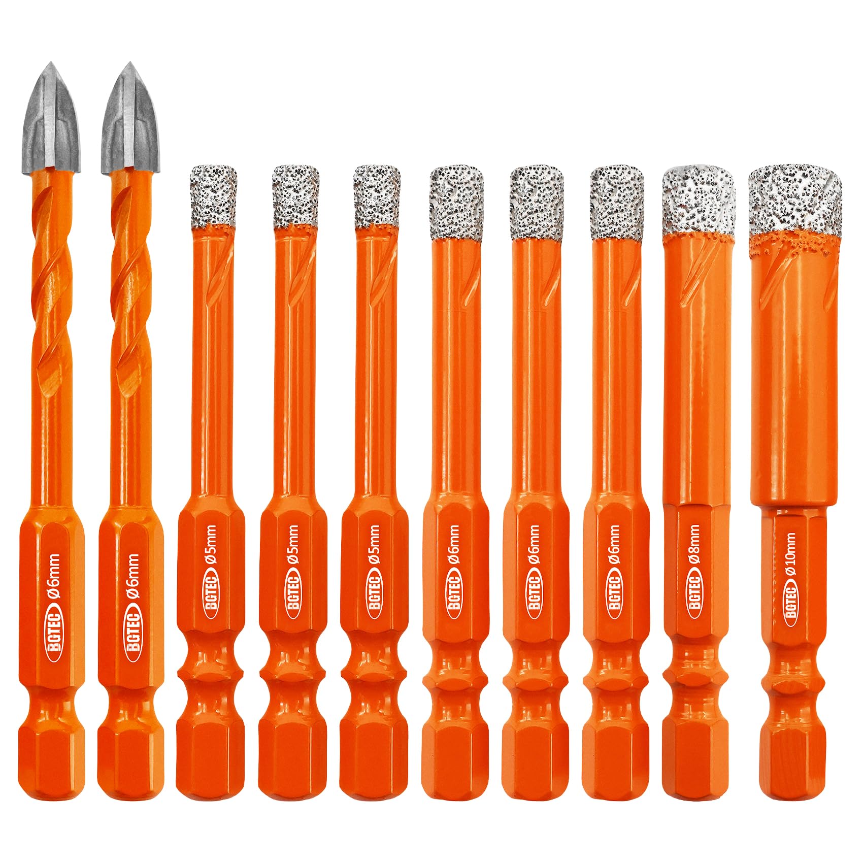 BGTEC Dry Diamond Drill Bits - 5 * 3/6 * 3/8/10mm Masonry Drill Bits Set & 2pcs 6mm Tungsten Carbide Tip Tile Drill Bit with Quick Change Hex Shank for Granite Marble Porcelain Tile Ceramic