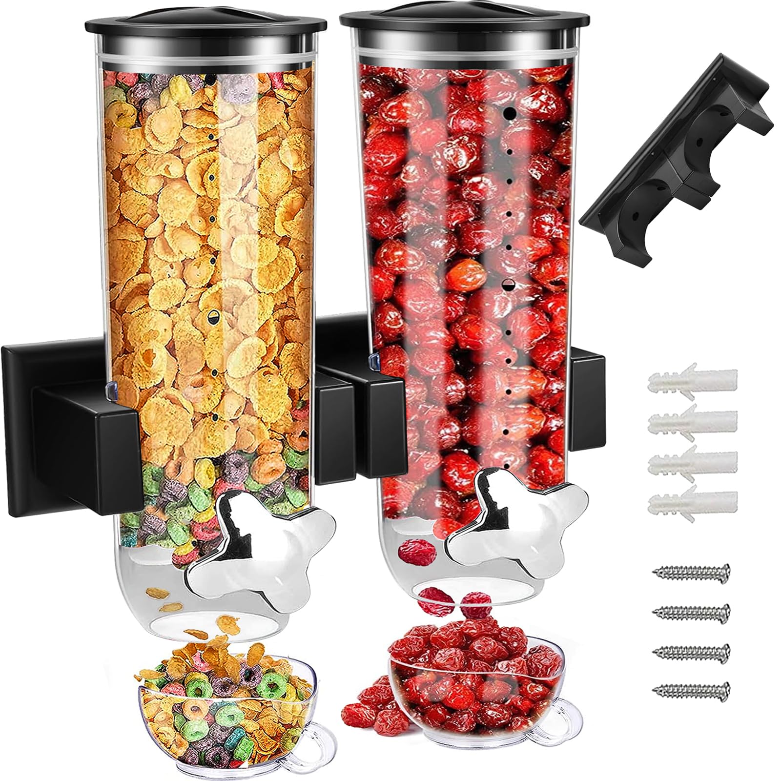Photo 1 of 2 Pack Cereal Dispensers, Wall Mounted Food Dispenser Large Capacity Candy Dispenser, Double Dry Food Dispensers Wall Mount, Grain Dispenser for Kitchen Storage Oatmeal Snack Coffee Beans Candy, Black