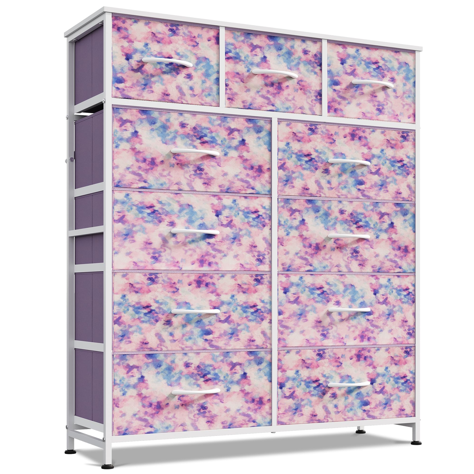 WLIVE Storage Organizer Unit with 11 Fabric Bins, Storage Drawers Organizer with Steel Frame, Tall Storage Tower Organizaton for Living Room, Hallway, Office, Tie-dye Purple Print Image