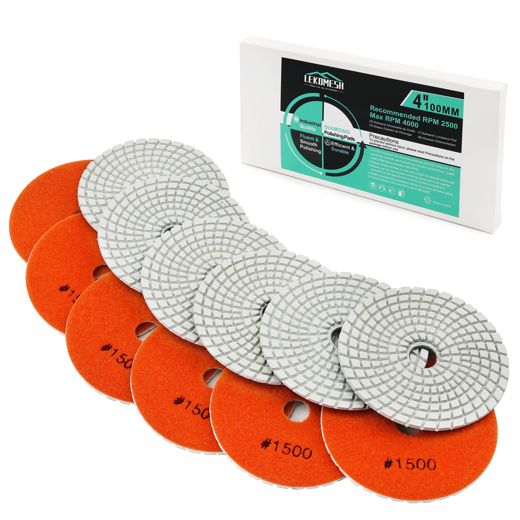 Diamond Wet Polishing Pad LEKOMESH - 6pcs 4 Inch(100MM) Wet Polishing Wheel Set for Granite Marble Artificial Stone Quartz,#50-#3000 Polishing Pad for Grinder or Polisher