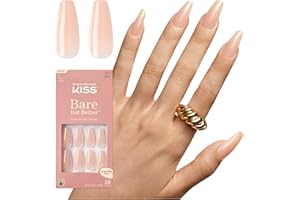 KISS Bare but Better, Press On Nails, Nail glue included, 'Nude Drama', Color, Long Size, Coffin Shape, Includes 28 fake nails, pink gel nail glue (net wt. 2g / .7 oz.), mini file, and manicure stick.