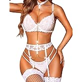 RSLOVE Women's Lingerie Sets with Garter Belt 3 Piece Sexy Lace High Waist Bra and Panty Set Push Up Exotic Sleepwear