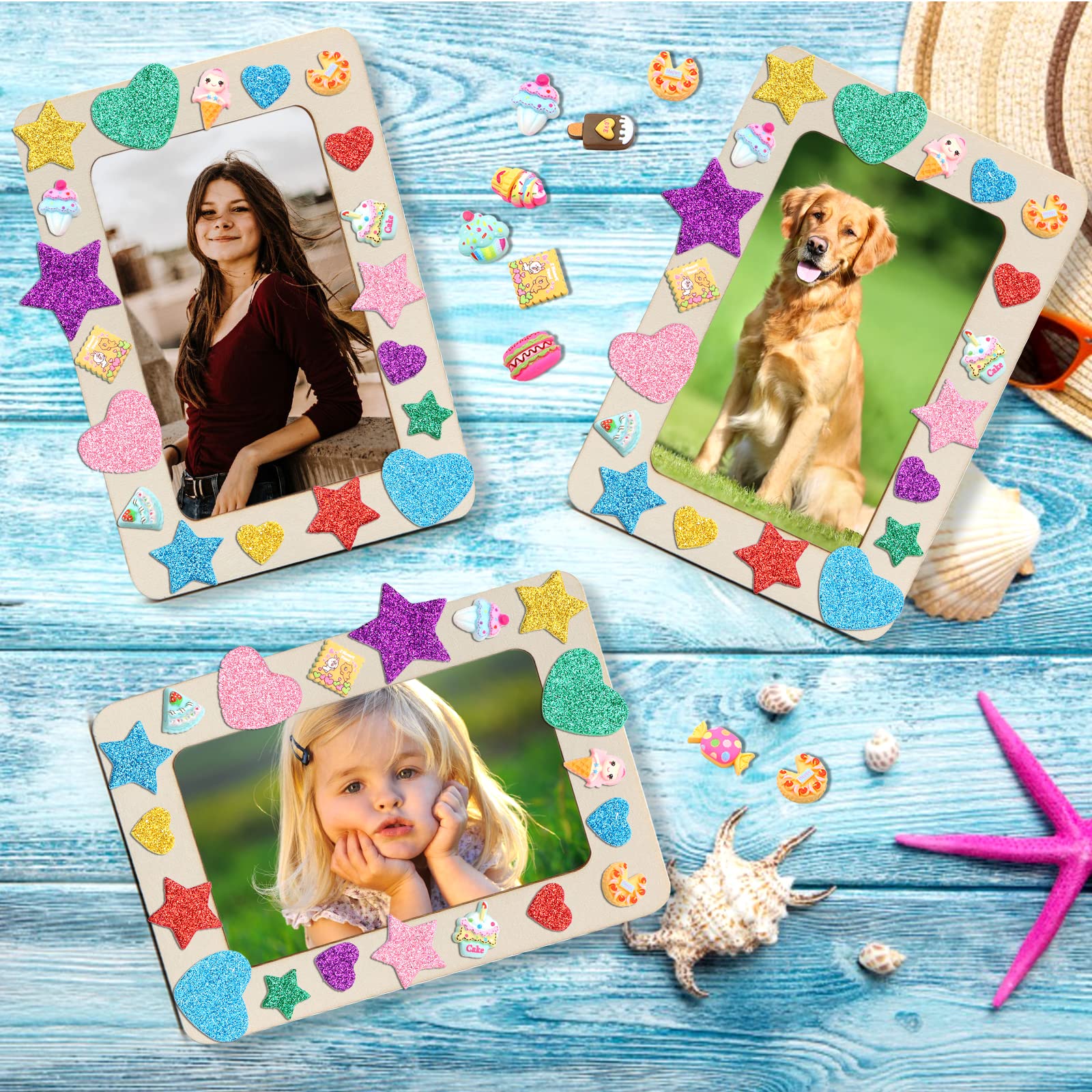 12 Packs Picture Frame Painting Craft Kit, ZYNERY 7.5 x 5.5 inch DIY Unfinished Wooden Photo Frames with Painting Tools Set, Hearts Stars Eva Sticke, Resin Accessories for Kids Craft, Paint