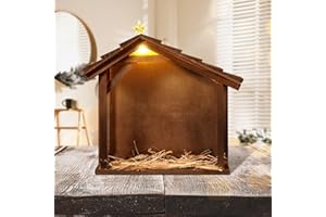 Wenqik Christmas Nativity Stable with LED Star Light 10.8 Inch Wooden Manger for Nativity Scene Nativity Creche Stable Home Desk Decor for Holy Family (Without Figurines and Batteries)