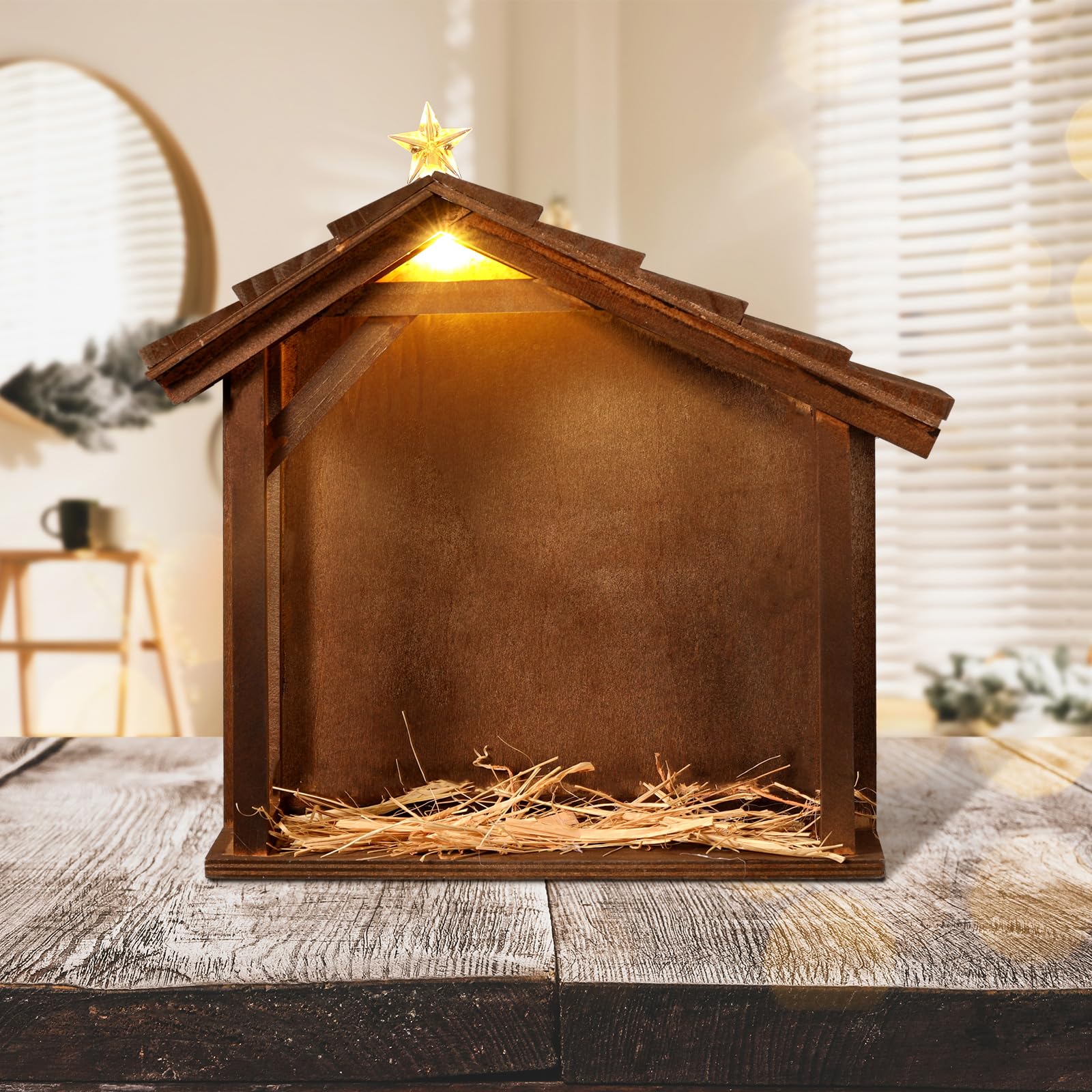 Photo 1 of Wenqik Christmas Nativity Stable with LED Star Light 10.8 Inch Wooden Manger for Nativity Scene Nativity Creche Stable Home Desk Decor for Holy Family (Without Figurines and Batteries)