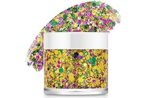 Paminify Mardi Gras Gold Hair Face Glitter,Mardi Gras Outfit for Women,Green Purple Gold Mixed Holographic Body Glitter,Festival Chunky Sequins Carnival Costume New Orleans Decorations
