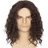 Yan Dream Mens Brown Curly Wig for Costume Party Middle Part Retro 80s Brown Cosplay Wigs for Adults
