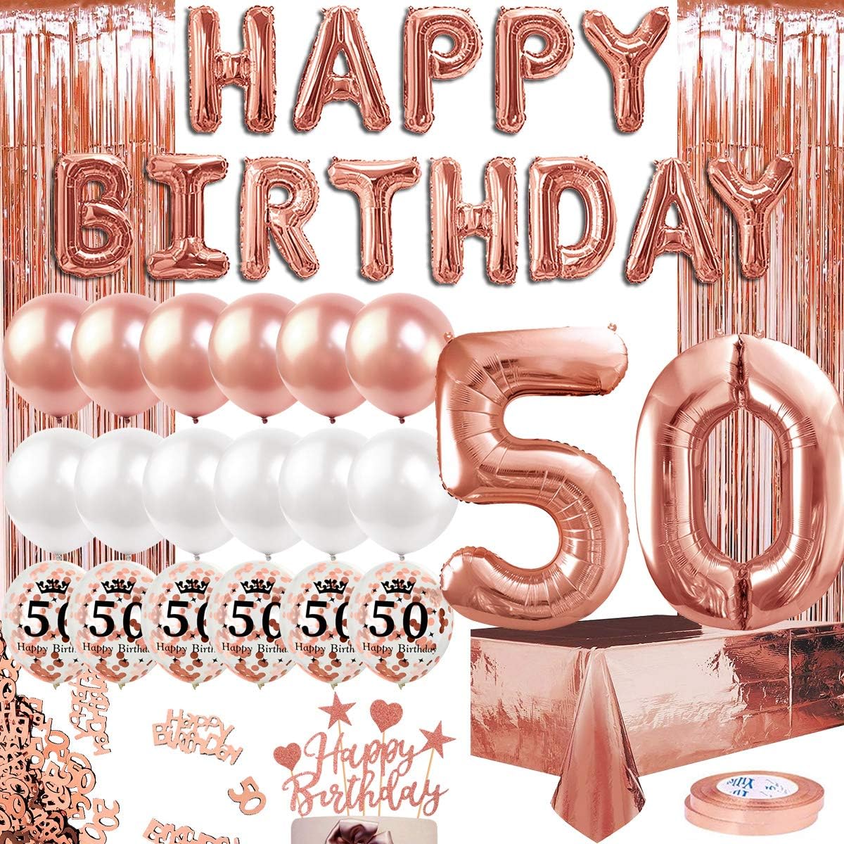 Humairc 50ans Decoration Fete Anniversaire Or Rose Pour Femme Joyeux Anniversaire Banniere 50 Numero Ballon 40 Pouces 2 Franges Rideau Feuille Nappe Confettis Ballon Gateau Topper Table Confettis Assortiments De Fetes Fournitures