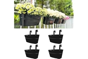 LaLaGreen Outdoor Rail Planter for Balcony (9.8 Inch, 4 Pack) Small and Cute Metal Black Metal Iron Fence Hanging Flower Pots