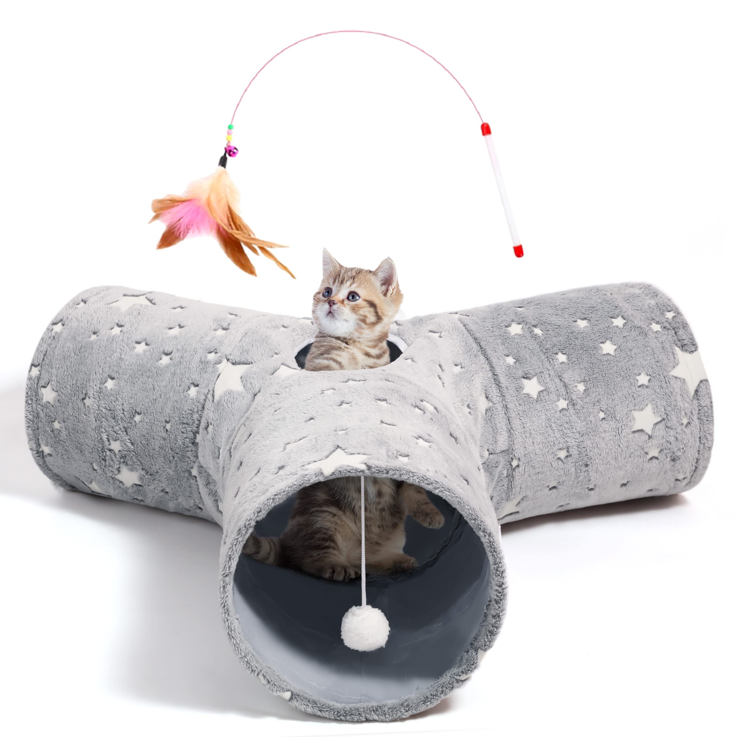Photo 1 of Tempcore Pet Cat Tunnel Tube Cat Toy 3 Way Collapsible, Cat Tunnels for Indoor Cats Self-Luminous Photoluminescence?Kitty Tunnel Bored Cat Pet Toys Peek Hole Toy Ball Cat, Puppy, Kitty, Kitten, Rabbit