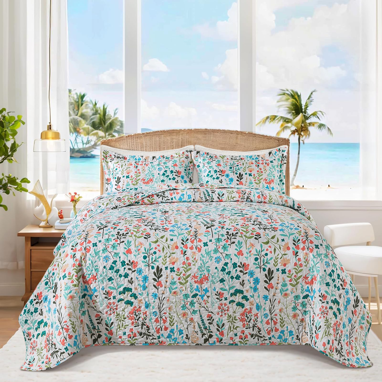 BEDIFANY King Size Quilt Bedding Set - Cotton Filling Lightweight Reversible Bedspread with Botanical Floral Pattern, Farmhouse Bed Coverlet for All Seasons, 3-Piece Set (98x106 Inches) Image