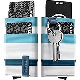 VULKIT Pop up Wallet for Women with Keychain, RFID Blocking Minimalist Slim Credit Card Holder for Gift Stripe Blue White