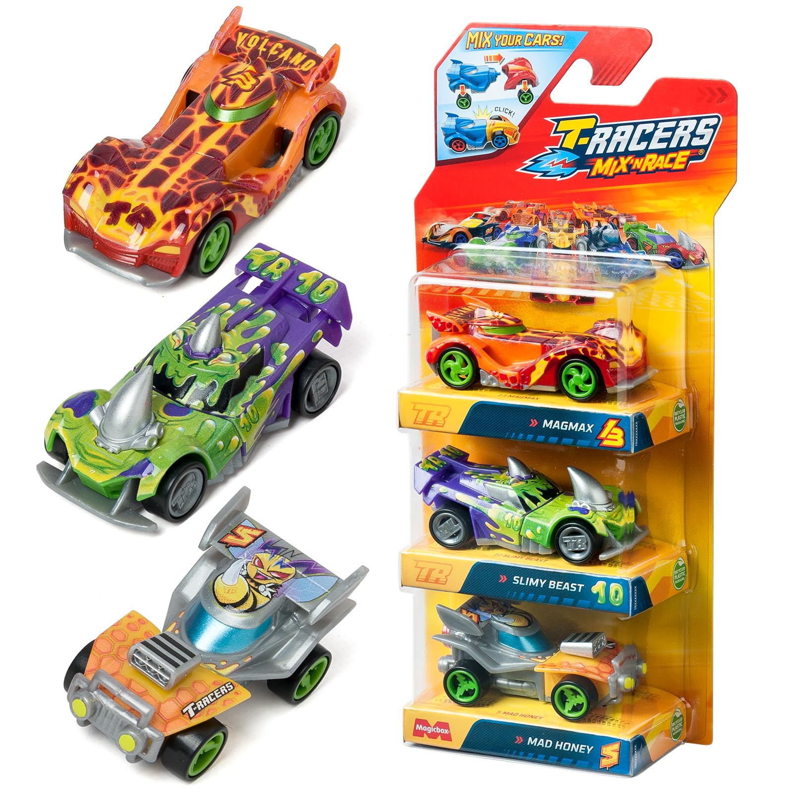 T-RACERS Mix ´N RACE 3 Pack – Pack of 3 collectible cars. Each car can be split in two with interchangeable parts and wheels. Pack 1/12