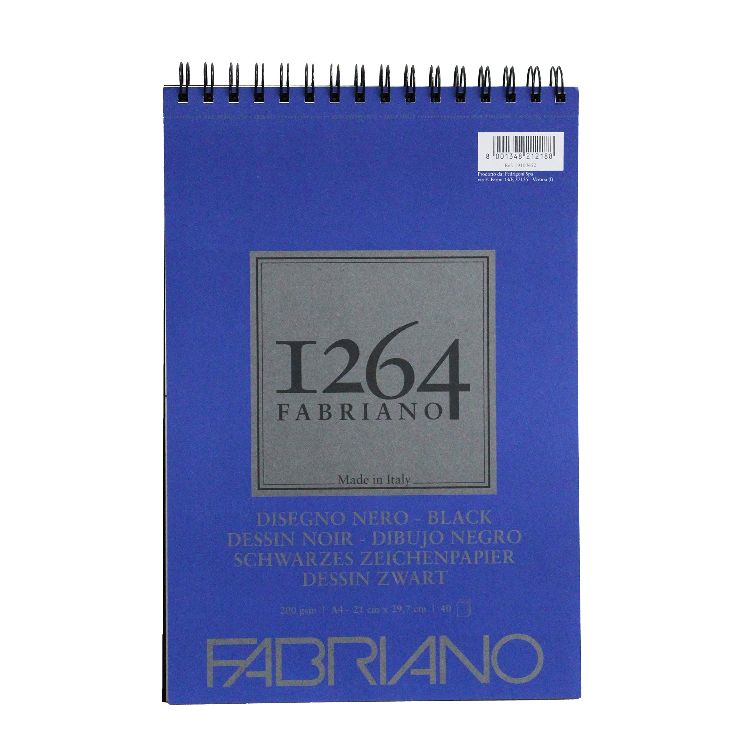 Honsell Fabriano Disegno Nero 19100651 Spiral Bound Sketch Pad 1264 200 g/m² DIN A4 40 Sheets Black Satin Paper with Medium Grain Acid- for All Drying Techniques