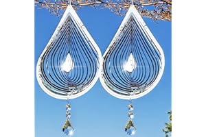 ZEEWOO 2PCS Wind Spinner 3D Stainless Steel Metal Sculptures Decorations, Water Droplets Wind Sculptures & Spinners, Outdoor Hanging Garden Decoration, Bird Devices Deterrent for Outside to Scare Birds Away