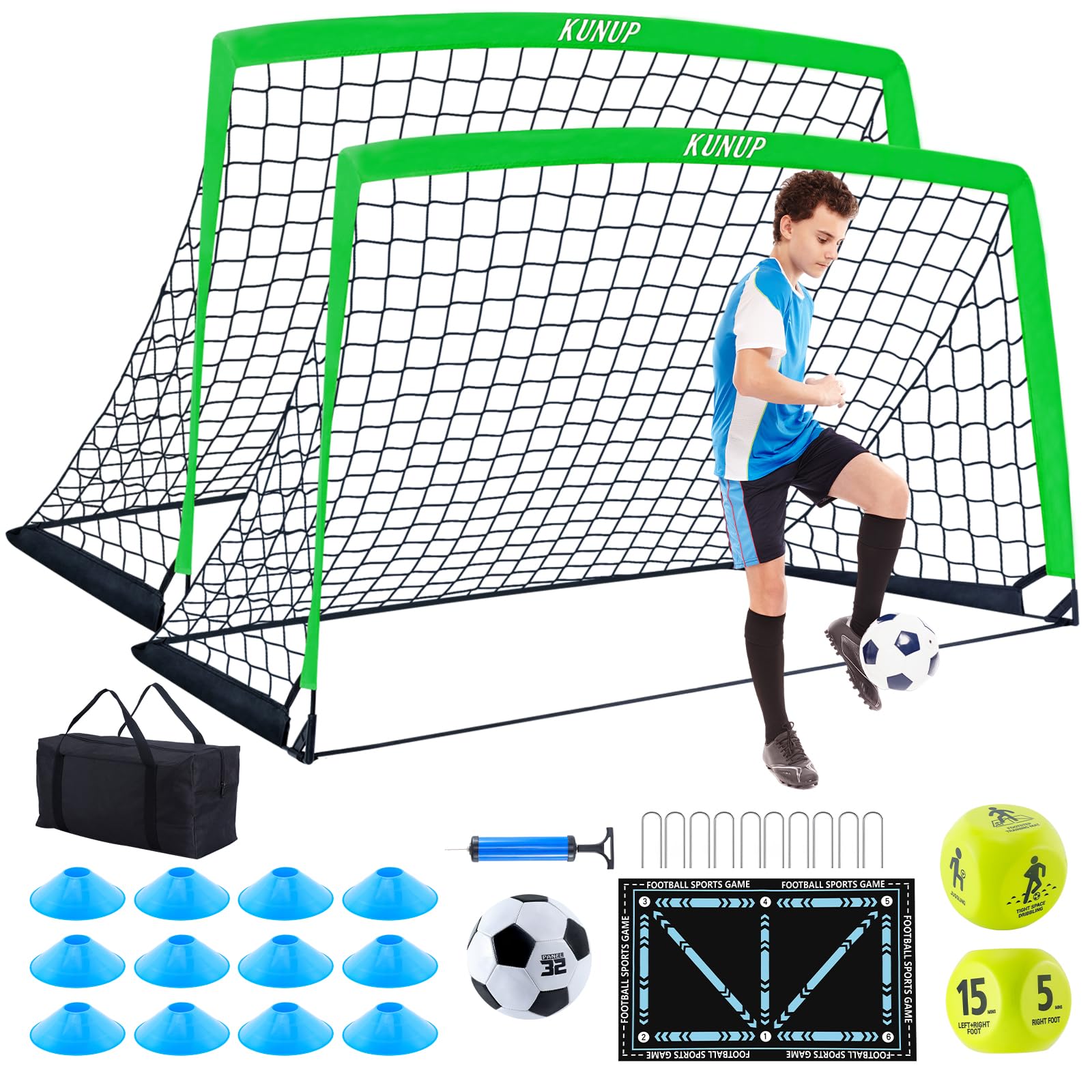 Photo 1 of *******NO GOALS/NETS******2 Set Kids Soccer Goals for Backyard with Training Equipment, 6x4 ft Portable Foldable Practice Nets with Ball, Dice & Mat, Cones, Air Pump and Carry Bag for Toddler Youth Outdoor Sports Game