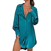 Ekouaer Women Satin Sleep Shirt Long Sleeve Nightgown Button Down Nightshirt Silk Sleepwear Soft Pajama Dress Sleep Dress