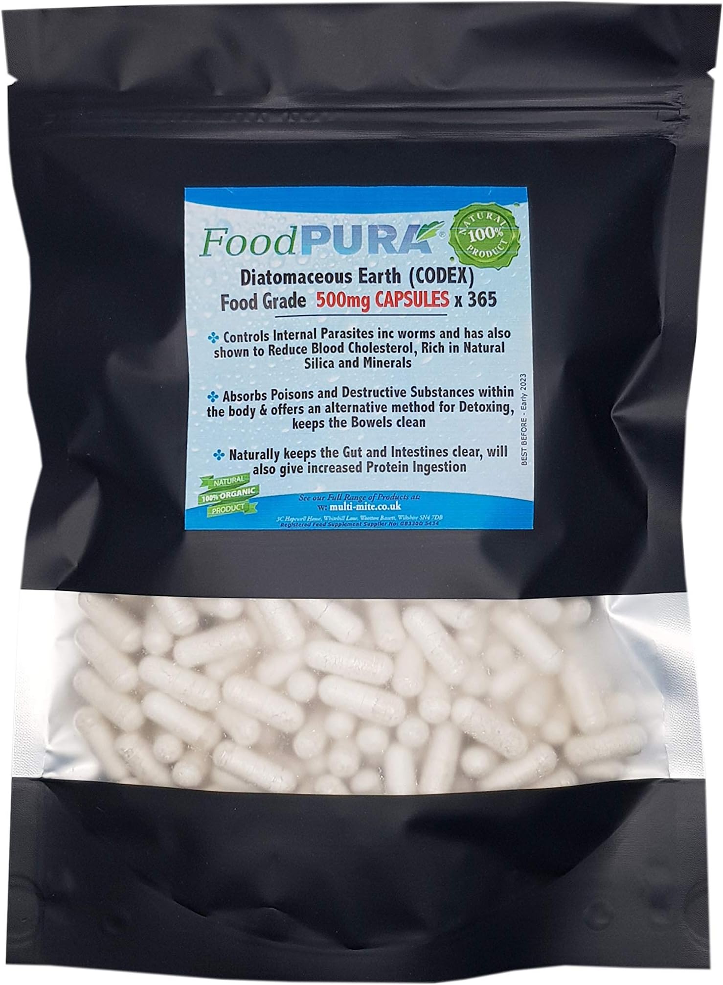FoodPURA Human CODEX Food Grade DE 500mg Capsules x 365 Easy to Swallow Non GMO Vegan Capsules