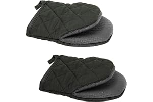 GOLDMEET 1 Pair Short Oven Mitts, Heat Resistant Silicone Kitchen Mini Oven Mitts for 500 Degrees, Non-Slip Grip Surfaces and Hanging Loop Gloves, Baking Grilling Barbecue Microwave Machine Washable