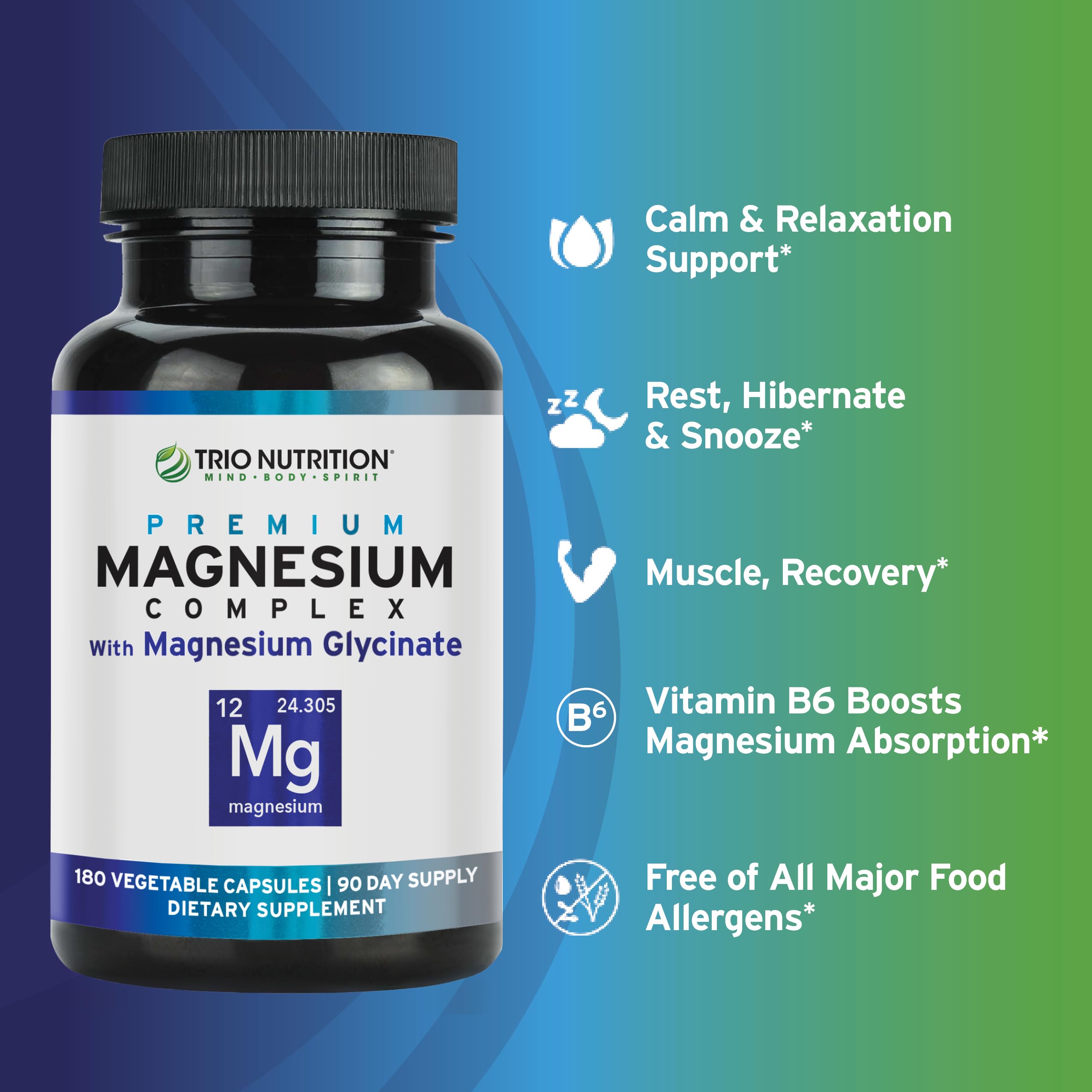 Trio Nutrition Magnesium Complex 90 Day Supply 420 mg | Natural Calm, Relax, Stress Relief, and Muscle Recovery |Magnesium Glycinate Supplement with Vitamin B6 for Rapid Absorption*