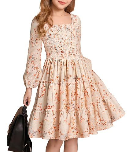 GRACE KARIN Girls Fall Dress Floral Smocked Waist Midi Apricot Print 5-6