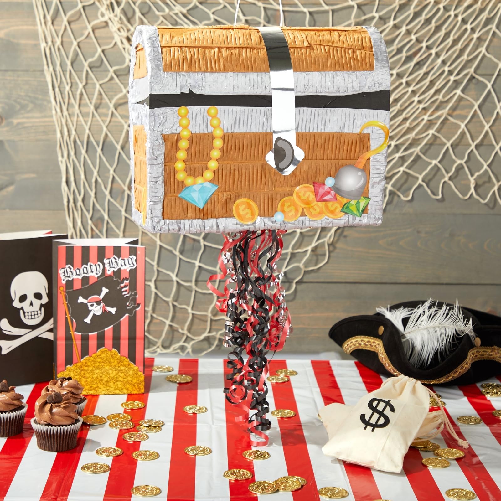 Treasure Chest Pinata - Pull String Pirate Themed Pinata, Under the Sea, Adventure Themed Party Decorations (Small, 12 x 6.5 x 10 In)