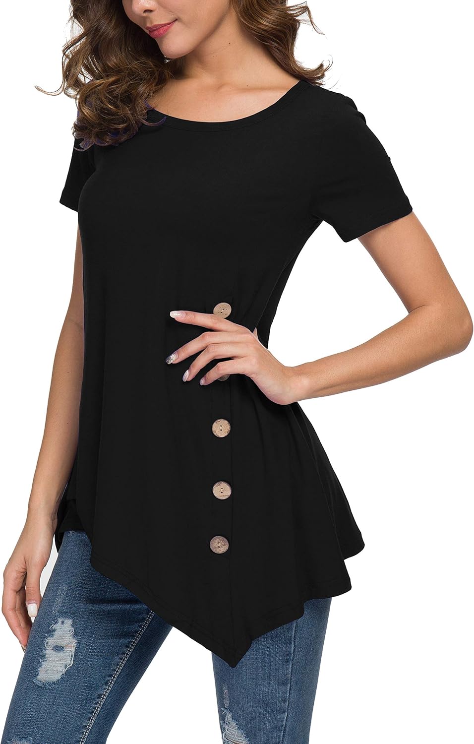 VIISHOW Women's Short Sleeve Scoop Neck Button Side T Shirts Loose Fitting Tunic Solid Color Tops Blouse at  Women’s Clothing store