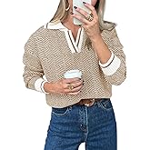 Saodimallsu Womens Fall Sweaters Tops Lapel V Neck Knit Sweater Color Block Long Sleeve Casual Soft Pullover Shirt
