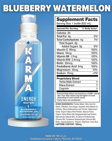 KARMA ENERGY DRINK Â€“ 12 PACK, BLUEBERRY WATERMELON CAFFEINATED WATER WITH COGNIZIN® NOOTROPICS, VITAMINS & IMMUNE SUPPORT, LOW CALORIE