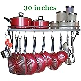 30" Wall mounted pots and pans rack. Pot holders wall shelves with 10 hooks. Kitchen shelves wall mounted with wall hooks. Kitchen storage pot holder pot rack. Pot pan organizer. Pot Pan rack.