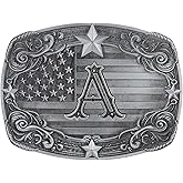 Flipslo Western Belt Buckle for Men Women, Initial Letter ABCDJRM to Z Silver Cowboy Belt Buckles American Flag Accessories