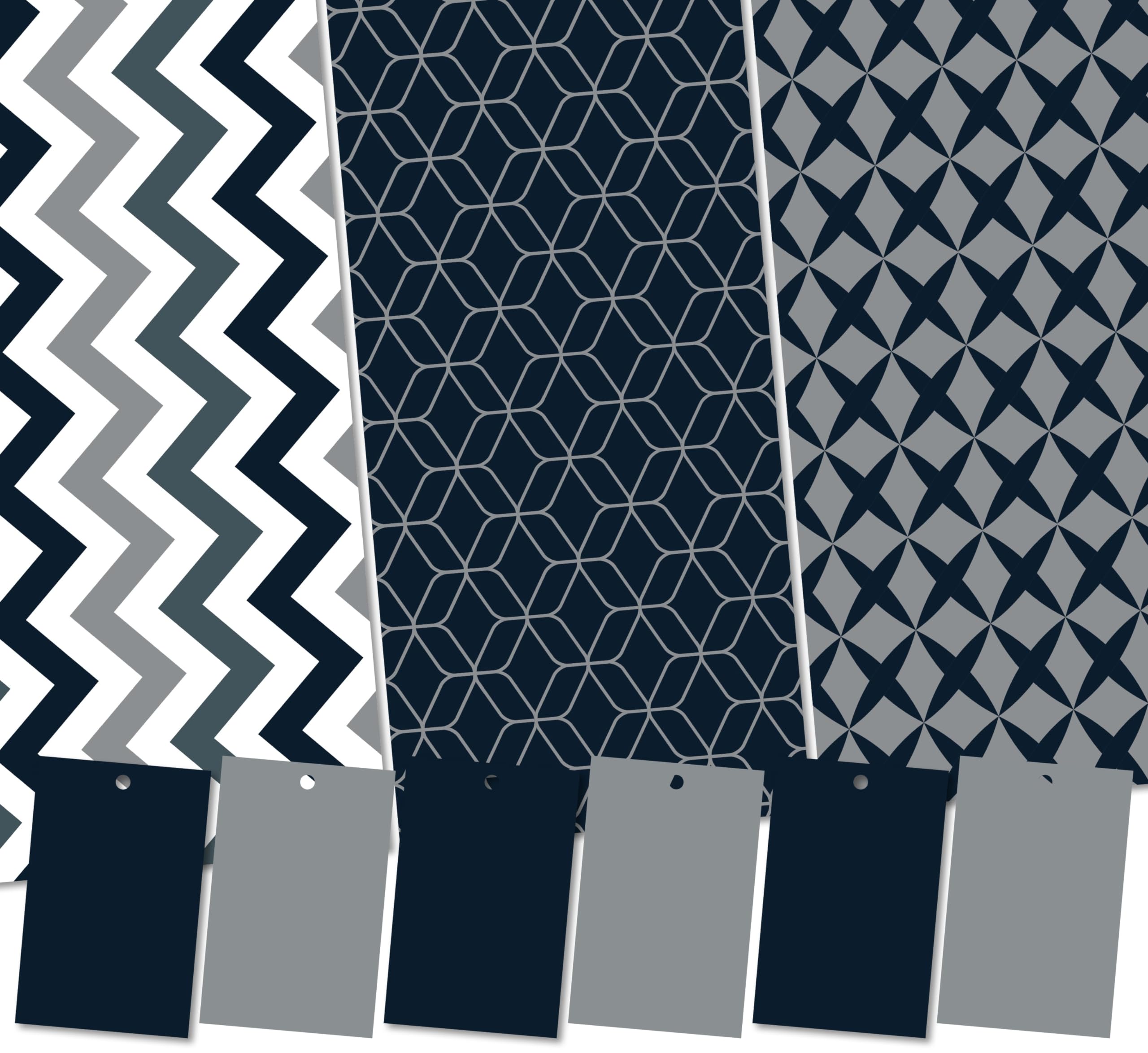 Navy Blue Wrapping Paper. Geometric Shape Three Design Pack. 6 XL Sheets (50 x 70cm), 2 of Each Design. Gift Wrap with Matching Tags. Cutting Grid on Reverse.