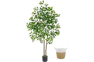 Warmplants Artificial Ficus Tree, 5ft Tall Fake Ficus Tree with Basket, Faux Plant for Indoor Outdoor Home Livingroom Office Garden Porch Décor