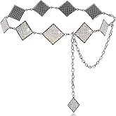 Xiokyo Bling Rhinestone Concho Belt for Women Dazzled Chain Belt Silver Rhombus Western Sparkly Crystal Belt for Dress