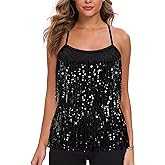 MANER Women’s Sequin Fringe Top Sparkly Party Tank Top Tassel Trim Cami