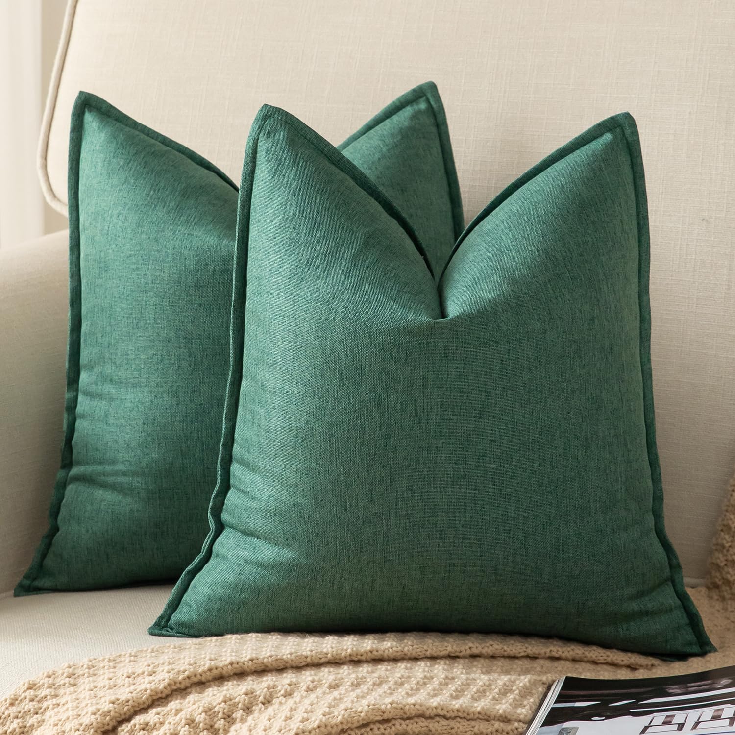 YAERTUN Pack of 2 Decorative Linen Soild Cushion Covers Farmhouse Neutral Throw Pillow Cases for Chair Couch Sofa Bedroom Living Room Home Decor 18 x 18 Inch 45x45 cm Green