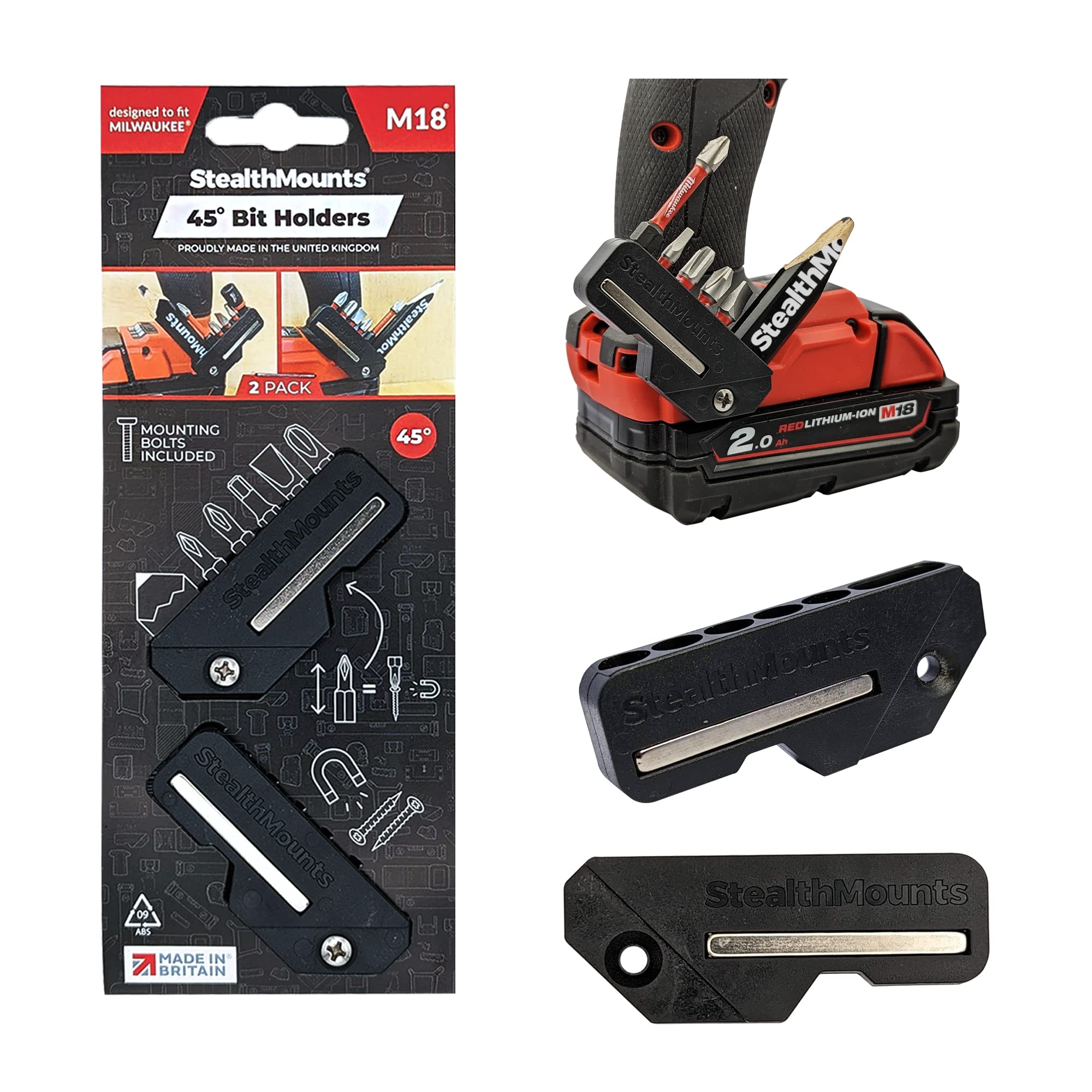 StealthMounts 45° Bit Holder for Milwaukee M18 | Drill Bit Organiser | Perfect Bit Holder for Milwaukee M18 Drills and Impacts (2 Pack) — image 1