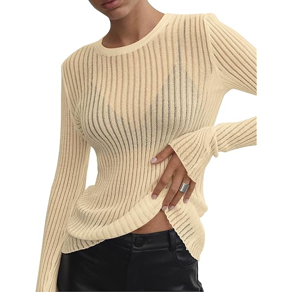 Women See Through T-Shirt Crew Neck Sheer Mesh Knit Sweater Solid