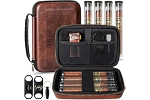 AWOTE Travel Cigar Humidor Case, Portable Cigar Bag with 4 Cigar Tubes, Leather Cigar Case Include Straight Cutter, V Cutter, Hole Puncher, Gift Set for Cigar Lovers, Lighter not included (Brown)