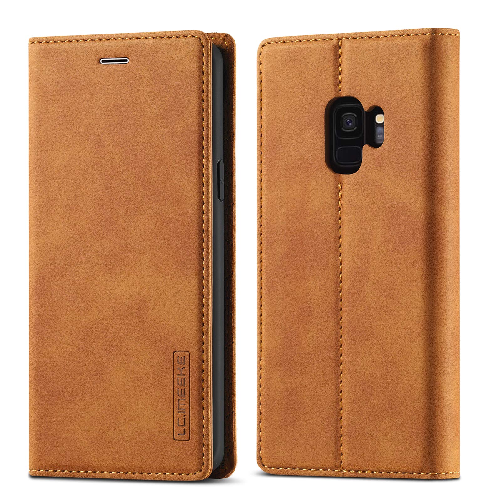 QLTYPRI Case for Samsung Galaxy S9, Vintage Matte Leather Wallet Case Card Slot Kickstand Magnetic Shockproof Flip Folio Book Case Cover for Samsung Galaxy S9 - Brown
