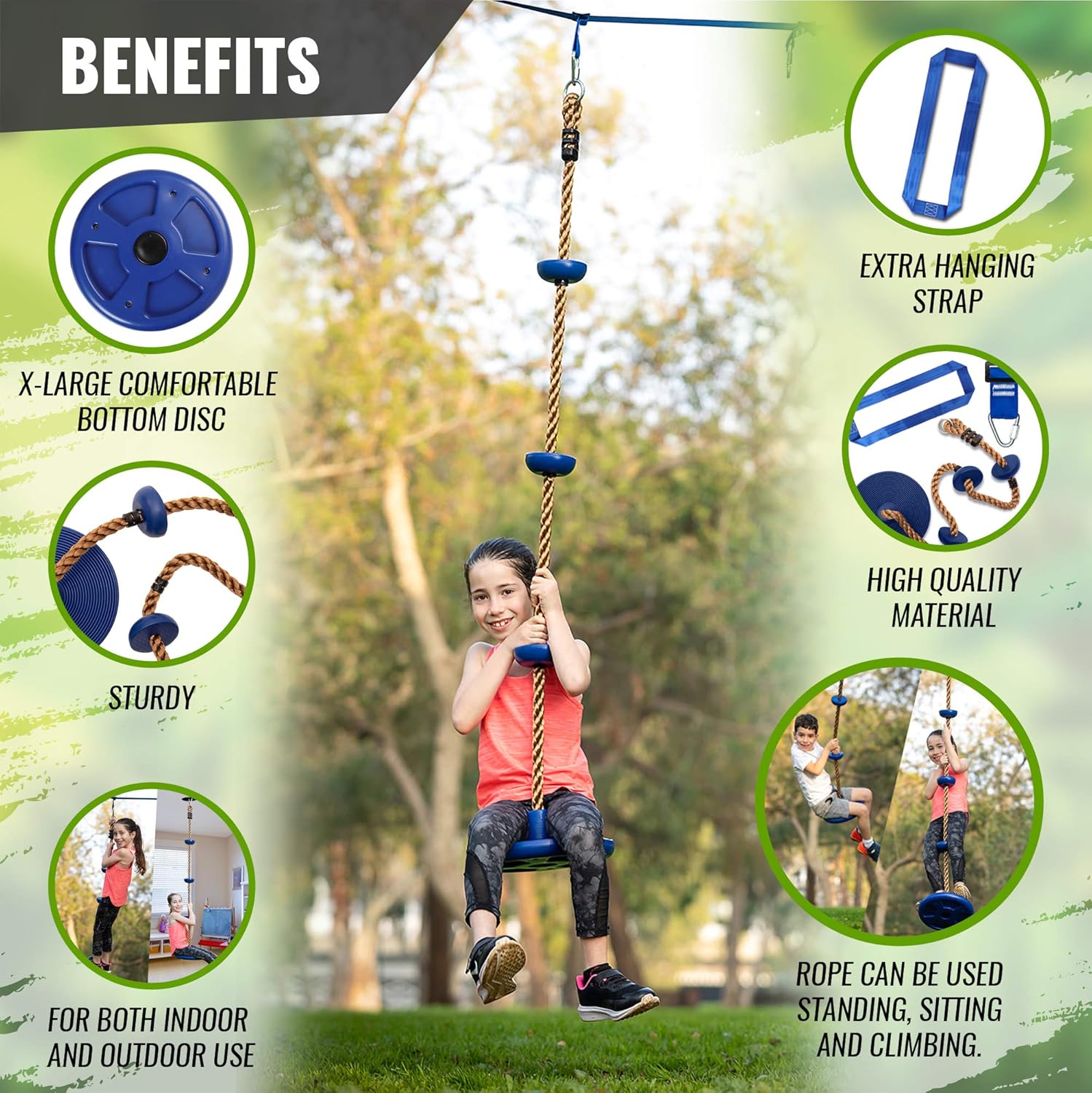 Sportivikids Climbing Rope Tree Swing with Platforms and Disc Swings Seat, Climbing Ladder for Treehouse and Backyard Tree Use, Strong Hanging Buckle, Fun Kids Outdoor Accessory Playset, Gift Box: Toys & Games
