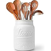 Comfify Wide Mouth Mason Jar Utensil Holder Decorative Kitchenware Organizer Crock - Perfect Cookware Gift - White, Large Size 5.4x6.75