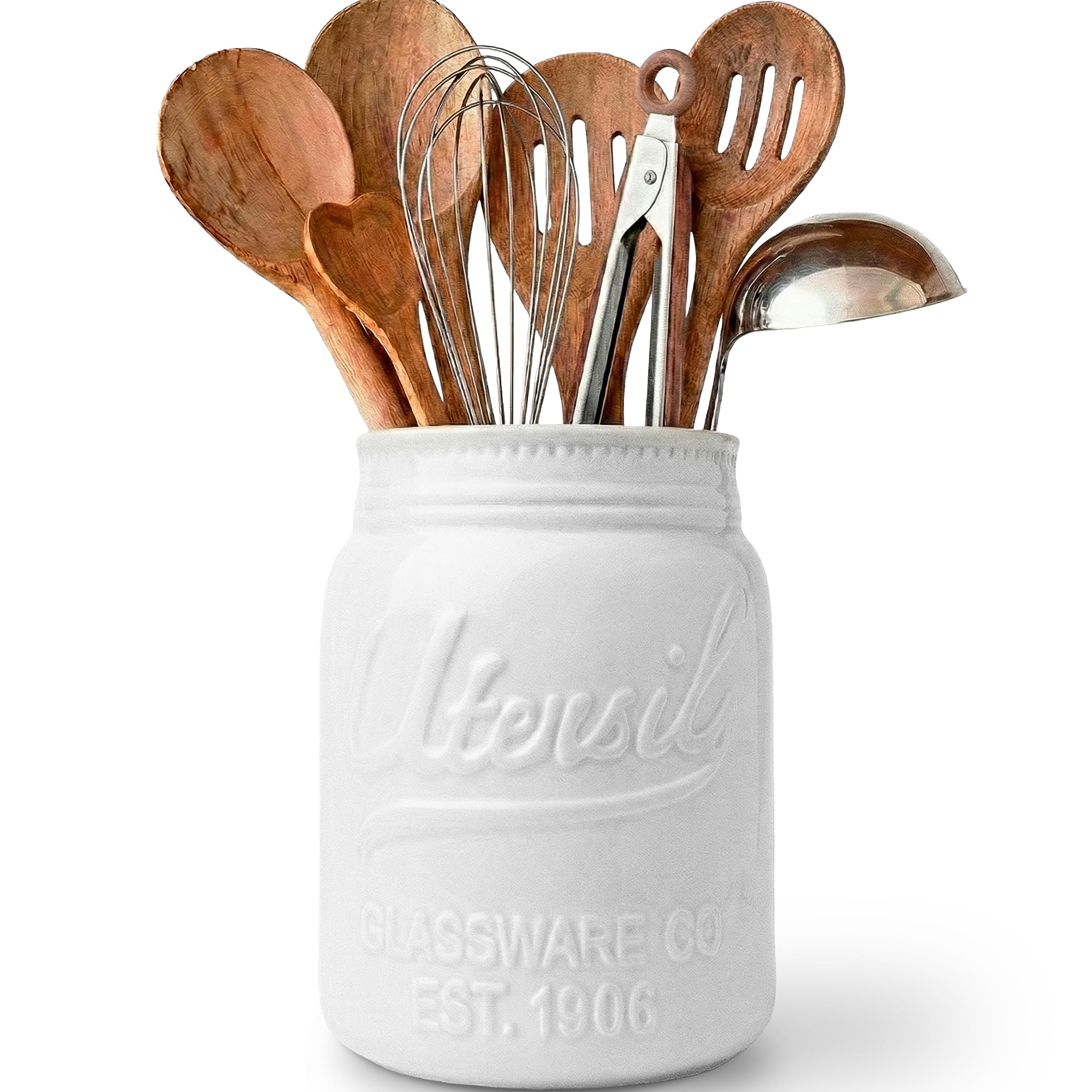 Comfify Wide Mouth Mason Jar Utensil Holder Decorative Kitchenware Organizer Crock, Chip Resistant Ceramic - Perfect Cookware Gift - White, Large Size