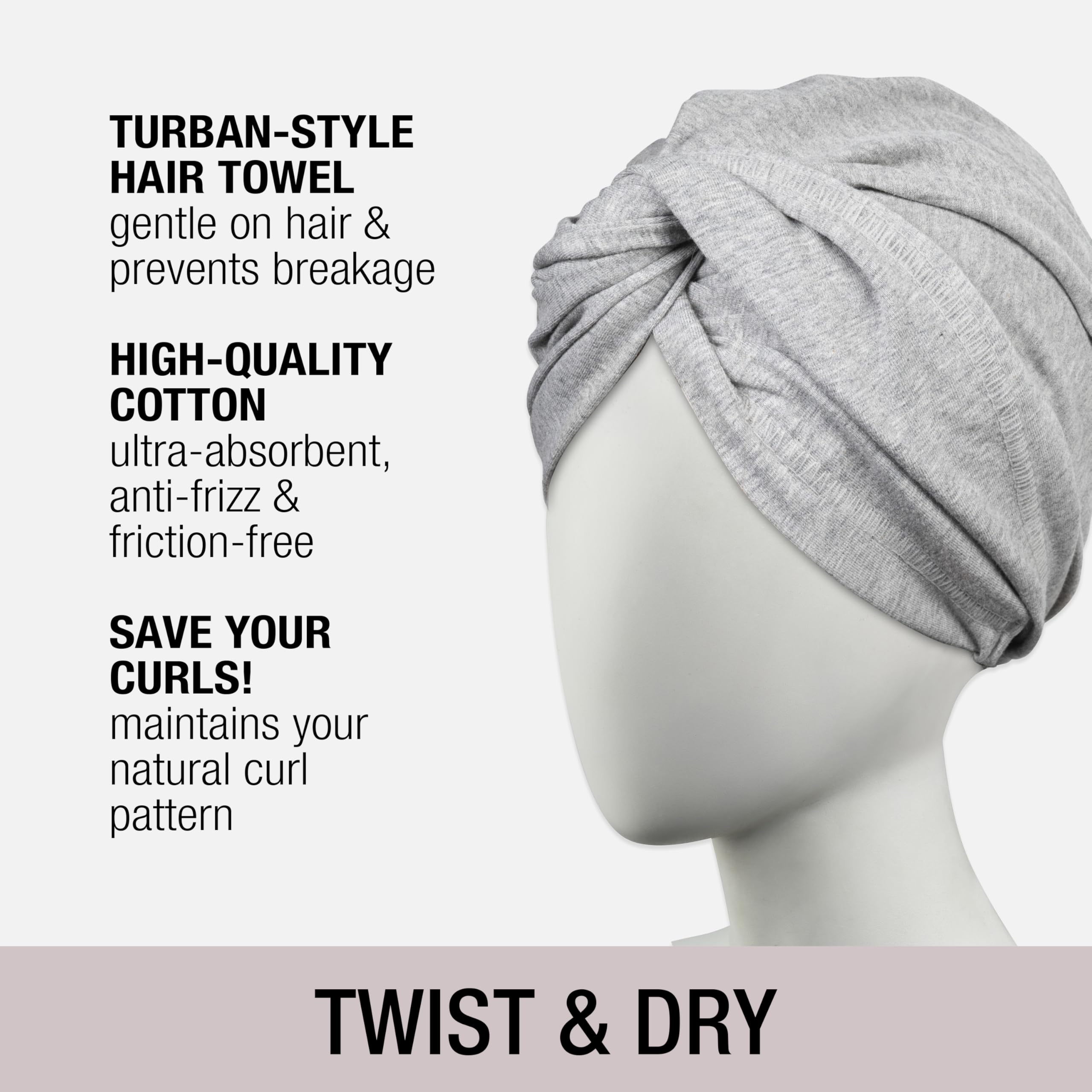 CONAIR Cotton Twist & Wrap Hair Towel, Fast Drying Ultra-Absorbent Hair Plop for All Types and Lengths, Turban-Style Cotton Towel Helps Maintain Natural Curl Style, Gray