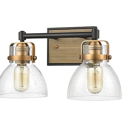 Buy Wildsoul 40062bk 2 Light Bathroom Vanity Light Fixtures Modern Farmhouse Rustic Wood Glass Bath Mirror Lighting Wall Sconce Handblown Dome Clear Seeded Glass Matte Black And Brass Finish 15 Width Online In