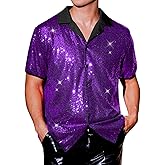 Lars Amadeus Sequins Shirts for Men's Camp Collar Short Sleeve Button Down Party Shiny Shirt