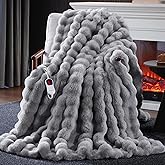 Anysay Heated Blanket Throw with 1/2/4/6/8 Hours Auto-Off 10 Heat Level, 50'' * 60'' Cozy Faux Rabbit Fur Bubble Electric Blanket with Overheat Protection(Light Grey)