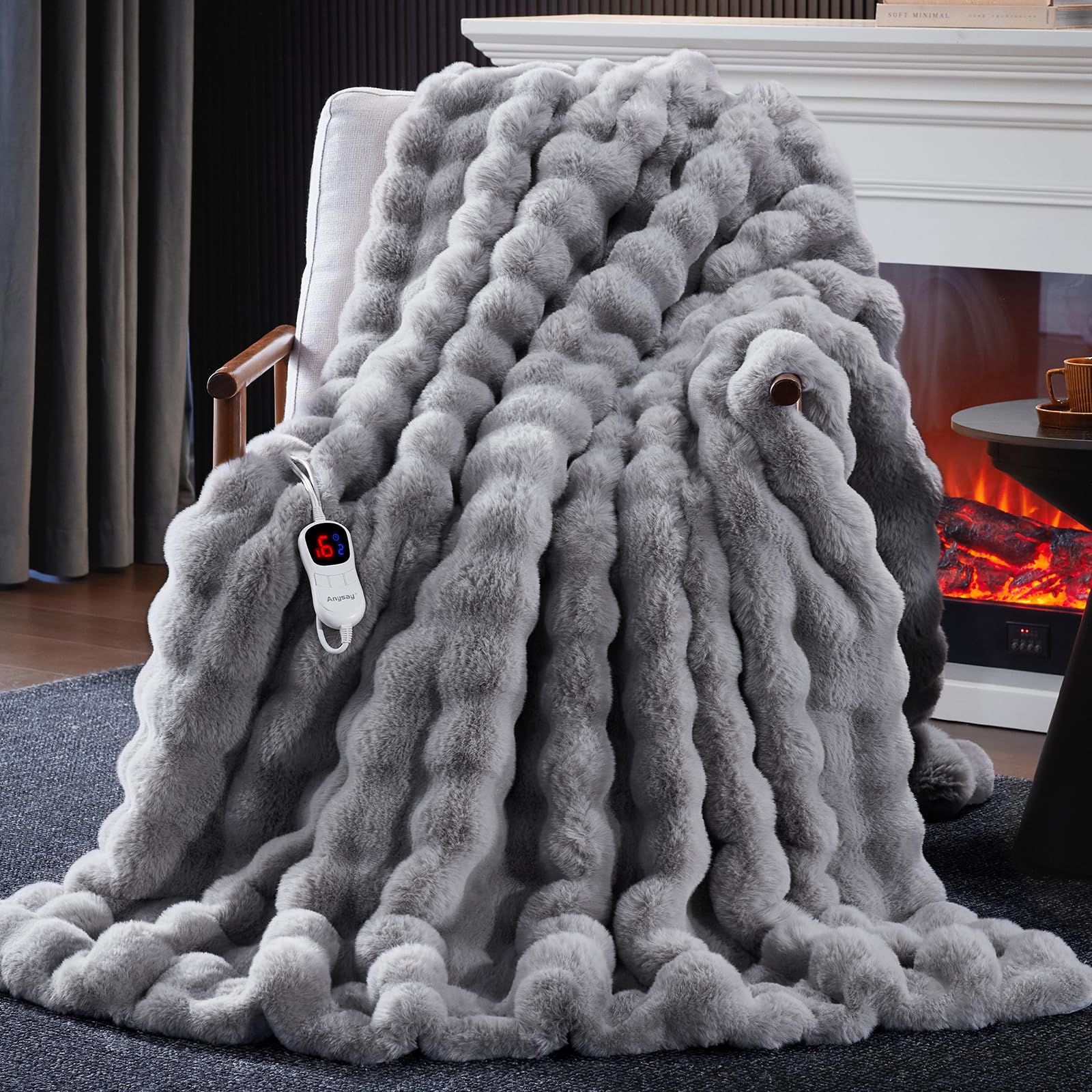 Photo 1 of Anysay Heated Blanket Throw with 1/2/4/6/8 Hours Auto-Off 10 Heat Level, 50'' * 60'' Cozy Faux Rabbit Fur Bubble Electric Blanket with Overheat Protection(Light Grey)