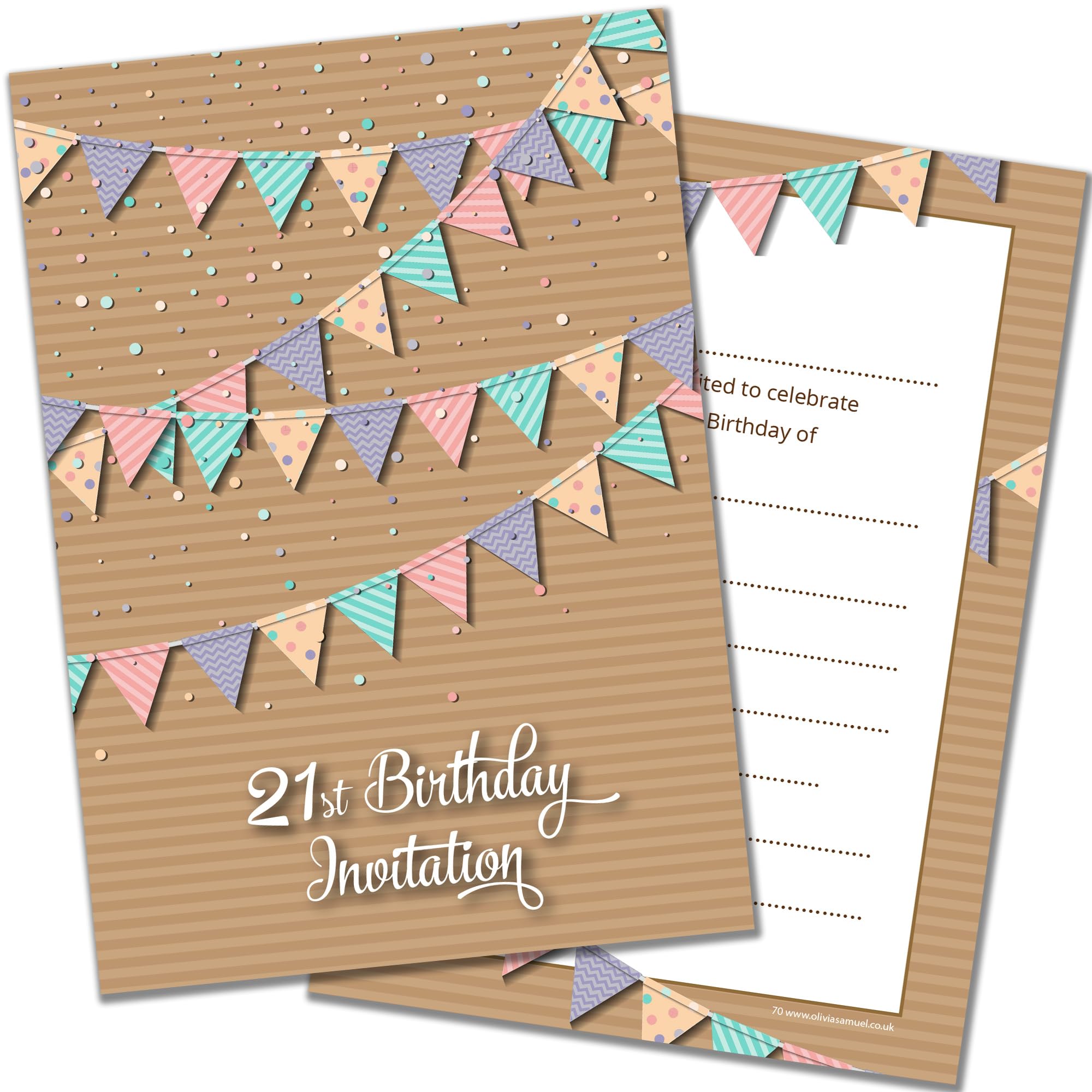 Olivia Samuel 20 x 21st Birthday Party Invitations - Pastel Bunting Design - Postcard Style - Ready to Write