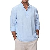 VANCOOG Cotton Linen Shirts for Men Lightweight Casual Long Sleeve Henley Beach Hawaiian Tops